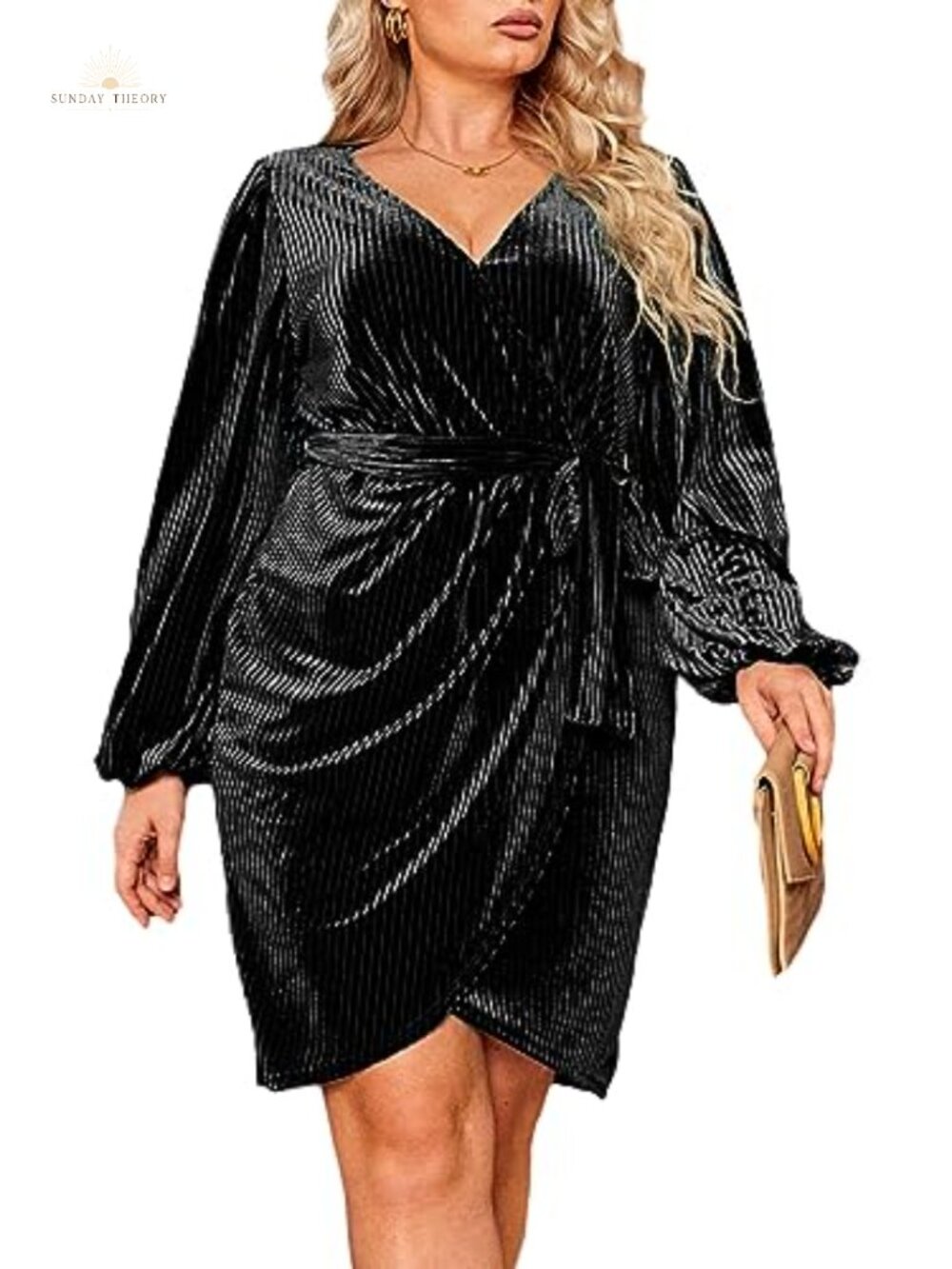 Plus Size Velvet Wrap Mini Dress Long Sleeve Semi Formal Cocktail Party